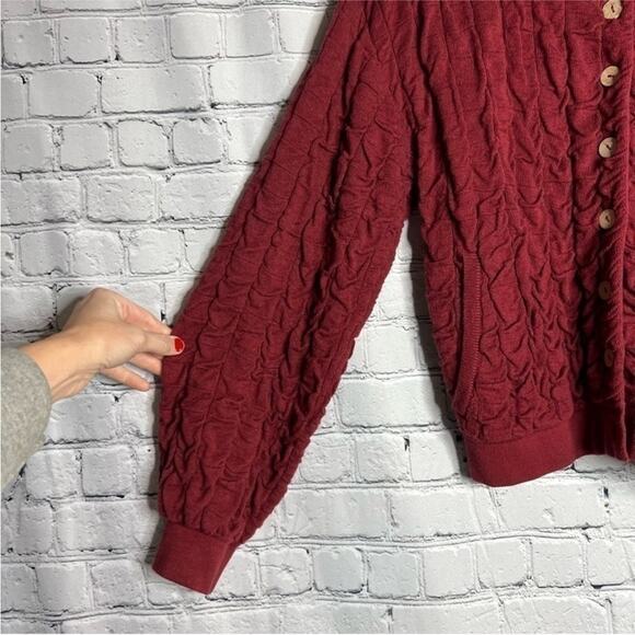 FP FREE PEOPLE Beach Burgundy Red Tan Button Knit Cardigan Ruche Bomber Jacket S - Picture 4 of 10